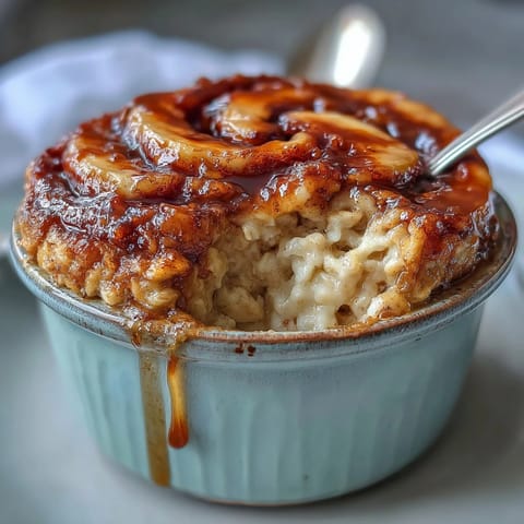 Freshly baked Cinnamon Swirl Protein Banana Baked Oats steaming in a white ramekin beside sliced bananas.