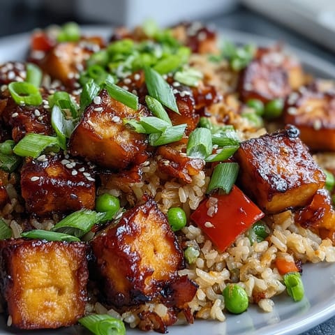 A close-up view of Crispy Sesame Tofu Fried Rice, highlighting the crunchy texture of the tofu and the glossy sesame-ginger sauce coating the grains.