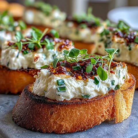 Fresh chives and thyme garnish these easy Hot Honey Goat Cheese Crostini, arranged on a rustic wooden serving board.