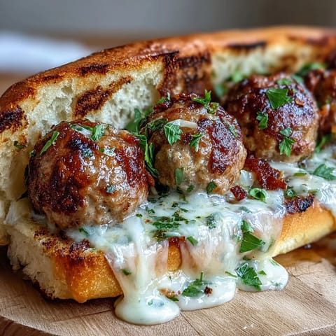 Four toasted subs filled with saucy turkey meatballs and creamy garlic Parmesan sauce, resting on a wooden board for a rustic presentation.