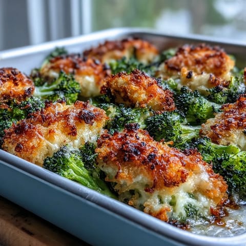 Overhead view of Crispy Parmesan Broccoli & Chicken Trays served on a white plate with lemon wedges.