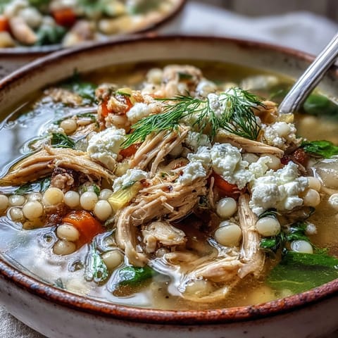 A hearty serving of Greek Chicken & Pearl Couscous Soup with lemon wedges and olive oil on the side.