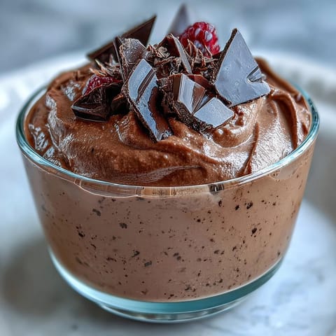 Velvety Cottage Cheese Chocolate Mousse in a glass, topped with fresh raspberries and chocolate shavings for an elegant dessert.