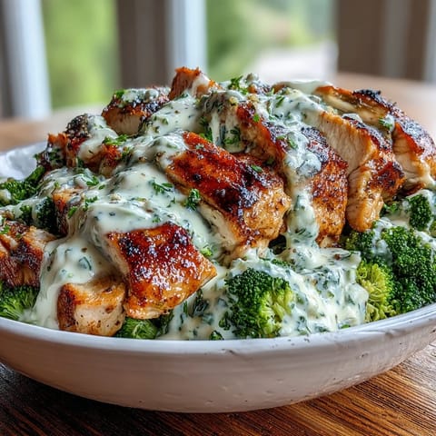A close-up of juicy, sliced grilled chicken and bright green broccoli in a creamy garlic sauce bowl, perfect for meal prep.