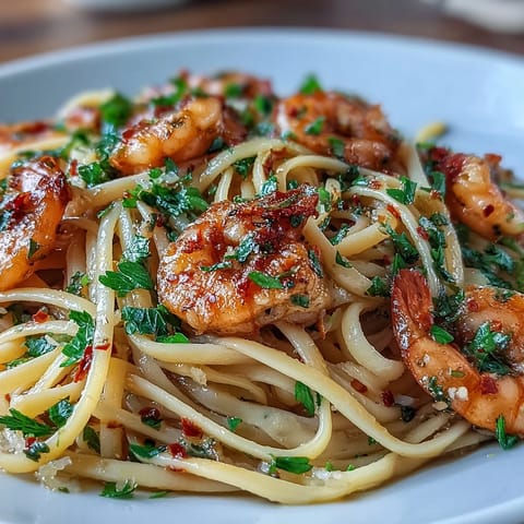 Freshly cooked linguine tossed with spicy garlic-chili shrimp and olive oil.