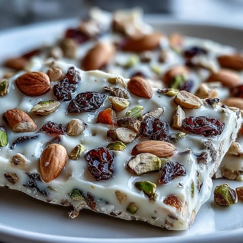 A close-up of Pistachio White Chocolate Bark showcasing crunchy pistachios and chewy fruit pieces on a marble countertop.