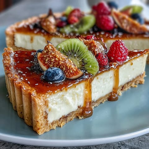 A freshly baked Cardamom Custard Tart with buttery crust, aromatic filling, and glossy apricot glaze on top.