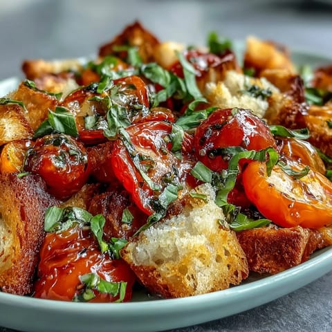 Rustic Italian sourdough Panzanella salad topped with creamy burrata and fresh basil leaves on a wooden platter.