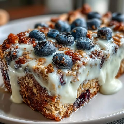 Clean Breakfast Blueberry Oatmeal Bake with Greek Yogurt Swirl fresh from the oven, featuring a golden top and marbled yogurt.