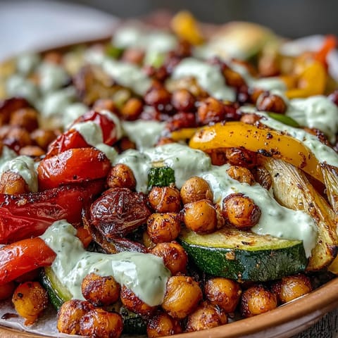 Colorful roasted bell peppers, onions, and zucchini mingle with chickpeas, served warm in tortillas and topped with guac yogurt drizzle.