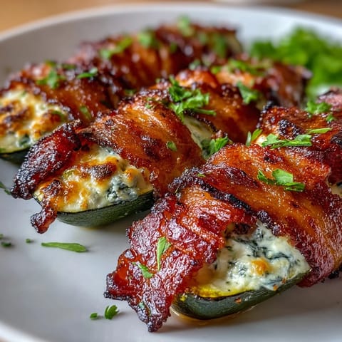 Freshly baked Keto Bacon-Wrapped Zucchini Boats with Cheesy Herb Filling topped with chopped parsley.