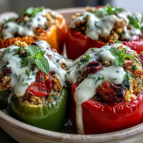 Bright yellow and red bell peppers are filled with herbed chickpeas and quinoa, finished with a creamy lemon tahini drizzle.
