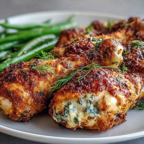 Golden-brown Keto Baked Ranch Chicken Drumsticks arranged alongside crisp-tender roasted green beans on a baking sheet.