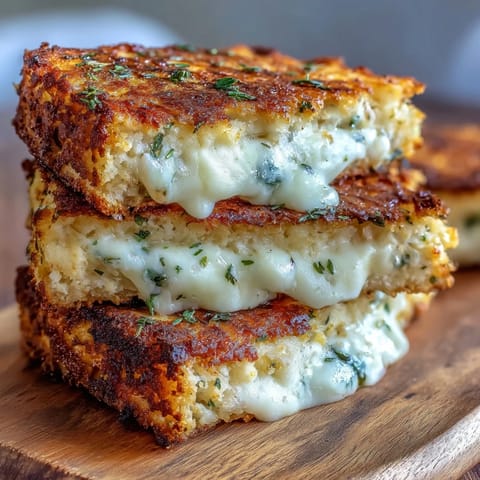 Golden-brown Keto Cheesy Cauliflower Bread Grilled Cheese sandwiches oozing melted cheddar on a rustic wooden board.
