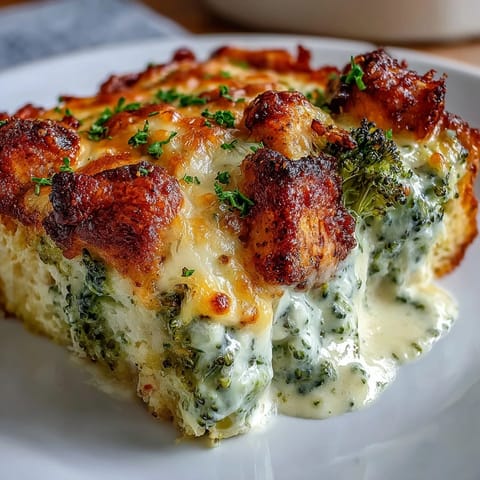 Golden Keto Creamy Chicken and Broccoli Casserole bubbling from the oven with melted cheddar on top.