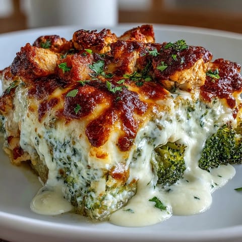 Freshly baked Keto Creamy Chicken and Broccoli Casserole served in a white dish with a green salad.