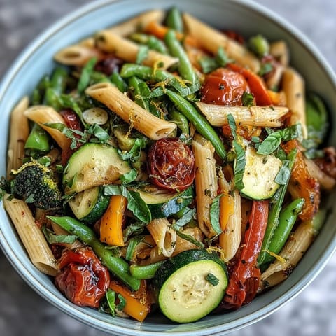 A close-up of the vegan One-Pot Pasta Primavera shows zesty lemon and basil garnish over penne and crisp vegetables.
