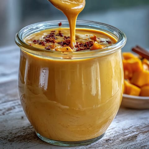 Creamy Vegan Mango Turmeric Golden Milk Smoothie being poured from a blender, showcasing its vibrant golden hue and fresh mango garnish.