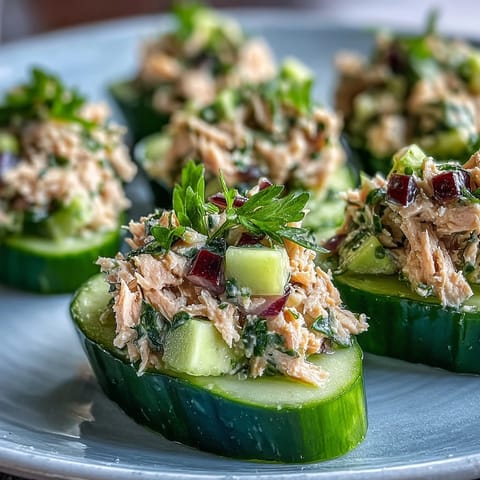 Freshly made 10-Minute Tuna Avocado Cucumber Boats displayed on a white plate, featuring crisp cucumber halves stuffed with creamy avocado and flaky tuna salad.