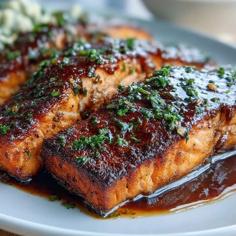 Oven-baked salmon fillets in a sweet and tangy marinade, featuring honey, soy sauce, and Dijon mustard, served with vibrant parsley and lemon.