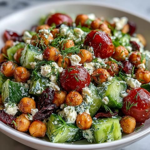 Vibrant Mediterranean salad featuring tender chickpeas, crunchy Persian cucumbers, sweet cherry tomatoes, and tangy feta tossed with fresh parsley and dill in a bright lemon vinaigrette.  