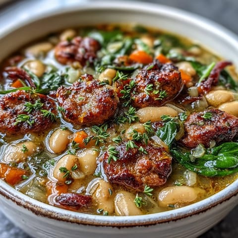 Hearty Tuscan white bean soup with Italian sausage, cannellini beans, and fresh vegetables in a fragrant broth.  