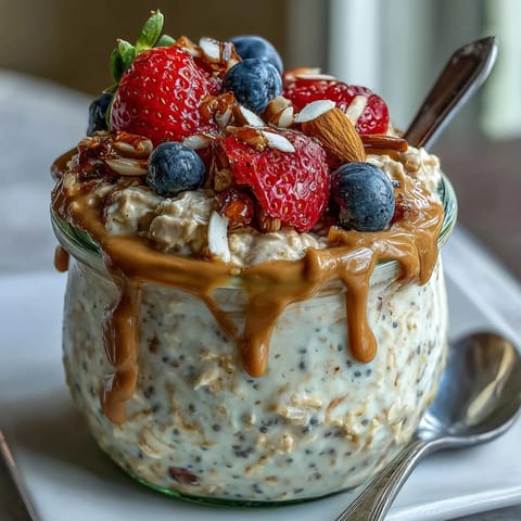 A make-ahead breakfast jar filled with wholesome oats, chia seeds, and vibrant mixed berries.  