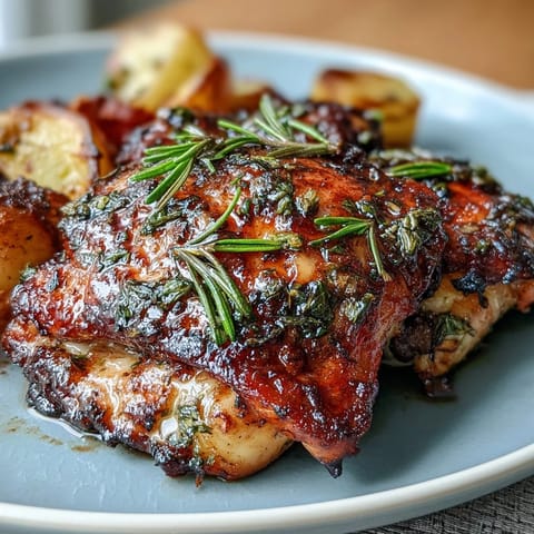 Juicy herb roasted chicken thighs with crispy skin nestled among tender baby potatoes and sweet carrots in a golden one-pan dinner.