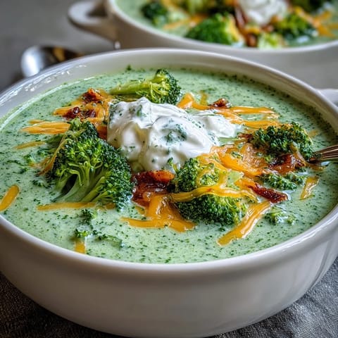 Creamy Broccoli Cheddar Soup Lightened with Greek Yogurt in a rustic white bowl, garnished with shredded cheese and a swirl of yogurt, served with crusty bread.
