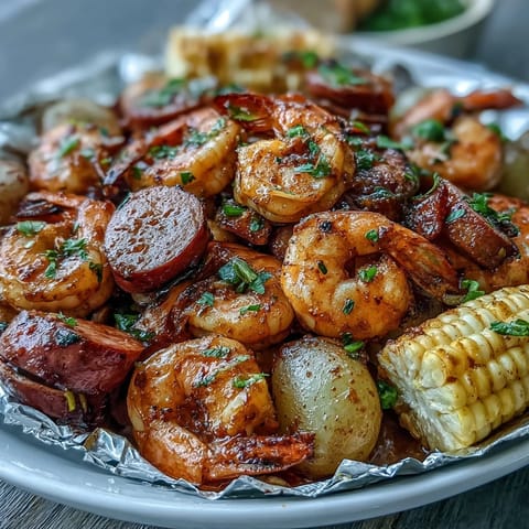 Juicy shrimp and savory sausage with tender potatoes and sweet corn, seasoned with Cajun spices and roasted in foil packets for an easy meal.  