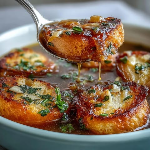 Aromatic French-inspired soup with caramelized onions, roasted garlic, and crispy homemade herb croutons.  