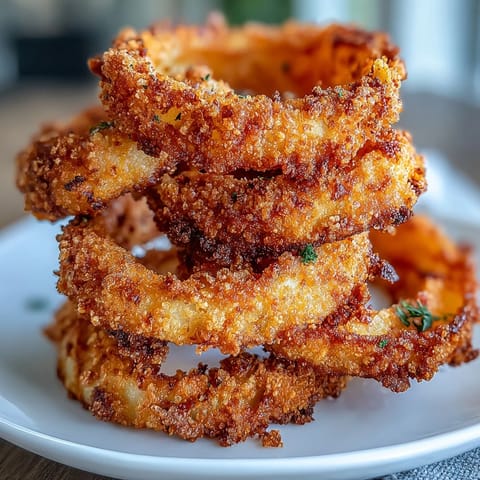 Crispy baked onion rings with smoky paprika dip, golden and crunchy, perfect for game day or casual snacking.  