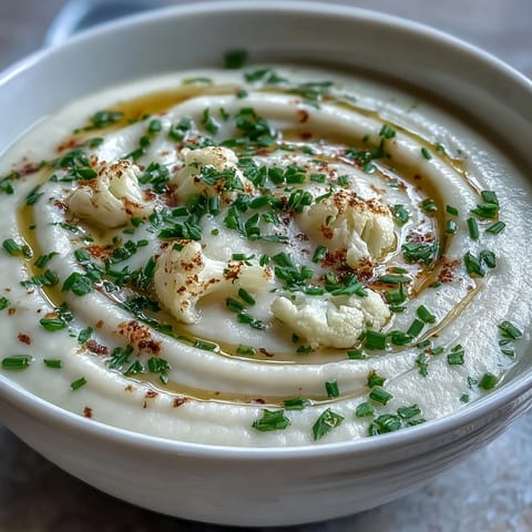A steaming bowl of creamy onion and cauliflower soup, garnished with fresh chives and a drizzle of olive oil.  
