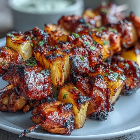 Juicy BBQ chicken and sweet pineapple skewers with red onion, grilled to perfection and brushed with smoky sauce.