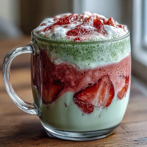 Warm strawberry matcha latte with frothy milk and vibrant green matcha, served in cozy mugs for relaxing evenings.