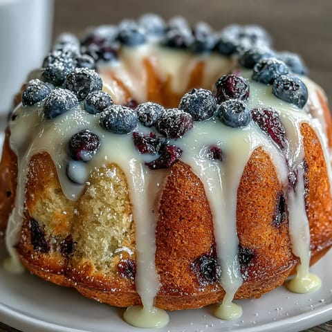 Mini lemon blueberry sourdough bundt cakes with a glossy lemon glaze, bursting with juicy berries and citrus zest.