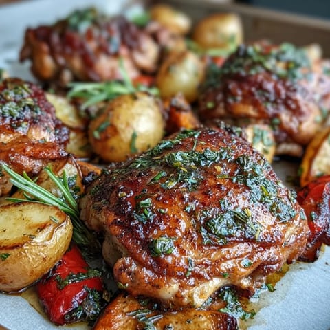 A vibrant sheet pan chicken dinner with juicy thighs and roasted vegetables, perfect for busy weeknights.