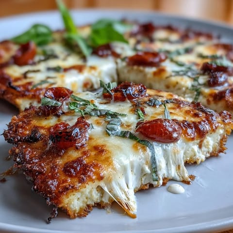 A golden cottage cheese flatbread pizza topped with melted mozzarella, black olives, and cherry tomatoes for a low-carb dinner.