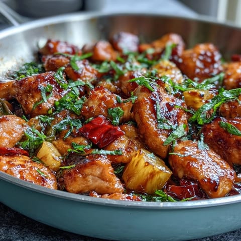 2. One-skillet sweet and sour chicken with pineapple chunks, crisp bell peppers, and onions simmered in a tangy, glossy sauce for a flavorful meal.  