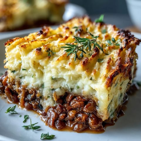 Hearty vegetarian Shepherds Pie with lentils and mushrooms, topped with creamy mashed potatoes and baked until golden.