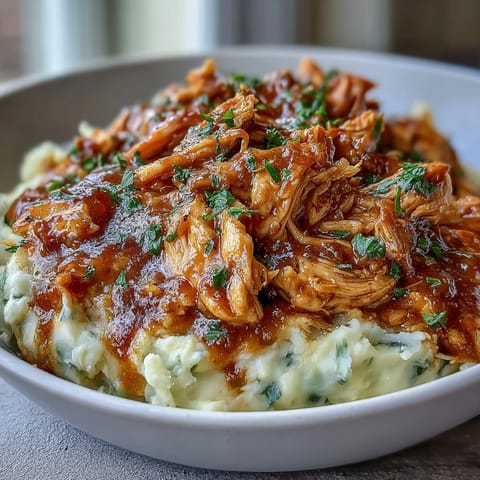 Tender shredded chicken slow-cooked with ranch seasoning, au jus, and pepperoncini peppers, served atop rich garlic mashed potatoes.  