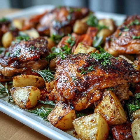 Golden roasted chicken thighs and colorful carrots and potatoes make a simple, wholesome sheet pan dinner for busy weeknights.