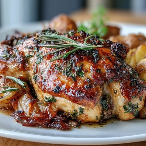 Vibrant roasted chicken and potatoes dish, infused with fresh lemon and aromatic herbs, perfect for an elegant spring dinner party.  