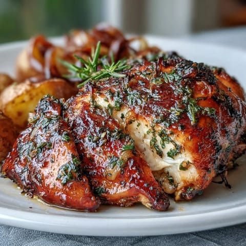 Golden herb-crusted chicken with tender baby potatoes, roasted to perfection with zesty lemon and fresh rosemary for a comforting meal.  