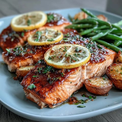 A colorful sheet pan meal with juicy salmon fillets, tender roasted potatoes, and crisp green beans, all glazed with zesty lemon and fragrant herbs.