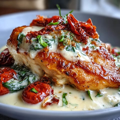 Savory Creamy Tuscan Chicken Skillet served in a cast iron pan, topped with fresh basil and extra Parmesan cheese.  