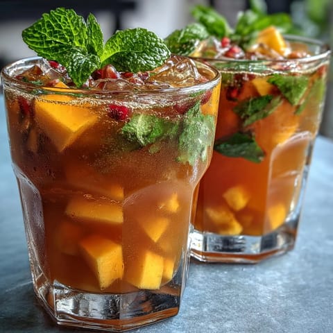 Mango Peach Iced Tea with Mint, a refreshing blend of ripe mango and peach with cool mint and black tea.