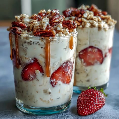 A jar of strawberry overnight oats layered with juicy berries, chia seeds, and granola, perfect for busy mornings.