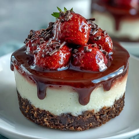 Easy Dubai Chocolate Strawberry Cheesecake Cups with rich chocolate biscuit base and creamy vanilla cheesecake filling, topped with fresh strawberry slices and glossy dark chocolate ganache.