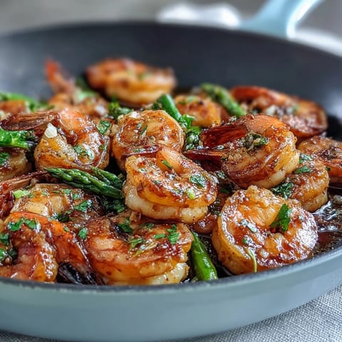 Healthy Easy One-Pan Lemon Garlic Shrimp and Asparagus: succulent shrimp and crisp asparagus tossed with zesty lemon-garlic sauce, roasted to perfection.